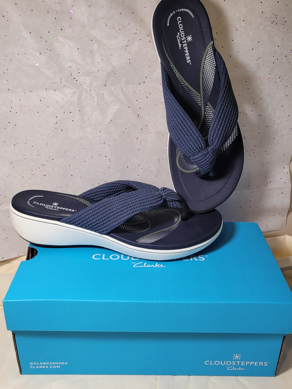 Clarks Cloudsteppers Navy Braided Strap Wedge Sandals